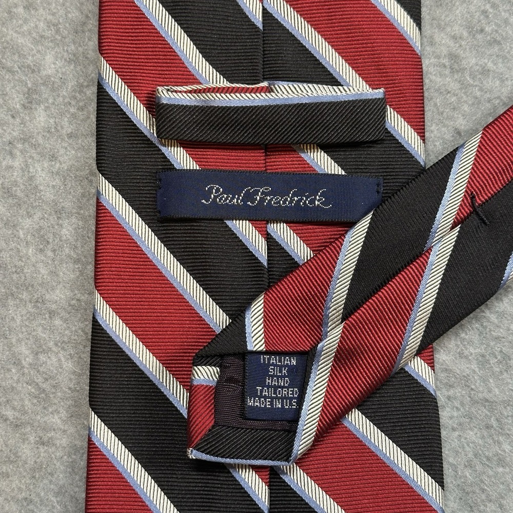 Paul Fredrick Red Black Stripe Italian Silk Necktie Hand Tailored USA 58x3.5in - Picture 3 of 7